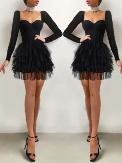Women‘s Semi Formal Party Dress Wedding Guest Dress Homecoming Short Mini Dress Black Long Sleeve Pure Color Layered Fall Square Neck Elegant 2023 S M L XL -Tesla Style ktlfcn1663666340537