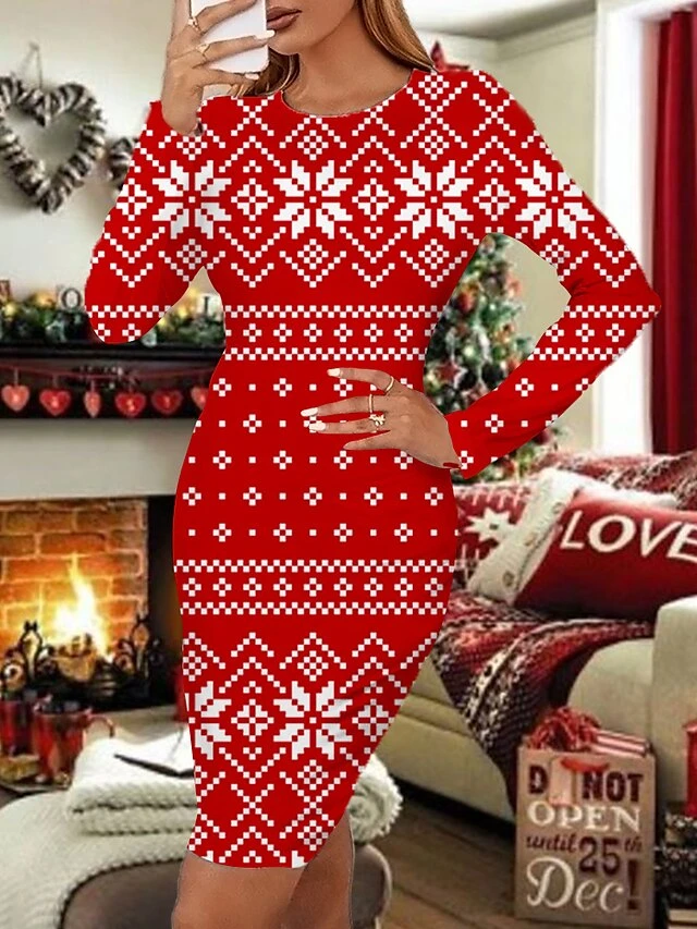 Women's Christmas Work Dress Bodycon Mini Dress Wine Red White Long Sleeve Elk Snowflake Print Winter Fall Crew Neck Vacation Stylish Fall Dress Loose Fit 2022 S M L XL XXL 3XL 4XL 5XL 6XL 4 Women's Christmas Work Dress Bodycon Mini Dress Wine Red White Long Sleeve Elk Snowflake Print Winter Fall Crew Neck Vacation Stylish Fall Dress Loose Fit 2022 S M L XL XXL 3XL 4XL 5XL 6XL - Image 2