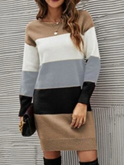 Women's Sweater Dress Winter Dress Jumper Dress Mini Dress Fashion Color Block Stripe Daily Date Going Out Weekend Crew Neck Long Sleeve Patchwork Ribbed 2023 Loose Fit Black Blue Green S M L XL -Tesla Style kugvyn1694595939715