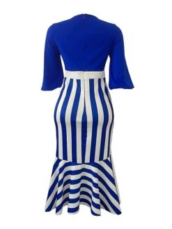 Women's Work Dress Casual Dress Semi Formal Dress Fashion Office Daily Workfashion Midi Dress Asymmetrical Print Crew Neck Long Sleeve Stripe Regular Fit Black Blue Fall Winter S M L XL XXL -Tesla Style kumnnz1695267343109
