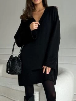 Women's Sweater Dress Jumper Dress Casual Dress Midi Dress Warm Pure Color Outdoor Casual Daily Going Out V Neck Long Sleeve 2023 Loose Fit Black Rose Red S M L -Tesla Style kuvncp1694586611800