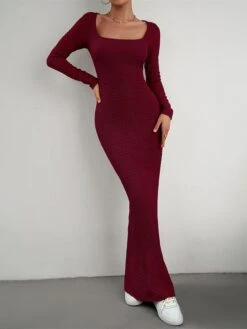 Women's Sweater Dress Jumper Dress Sheath Dress Long Dress Maxi Dress Fashion Pure Color Outdoor Daily Holiday Vacation U Neck Long Sleeve 2023 Slim Black Wine Brown S M L XL -Tesla Style kveiku1692090327398