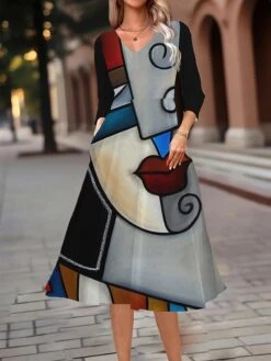 Women's Work Dress Swing Dress A Line Dress Fashion Midi Dress Pocket Print V Neck 3/4 Length Sleeve Abstract Regular Fit Black White Apricot Fall Winter S M L XL XXL -Tesla Style kvtnbd1693374108447