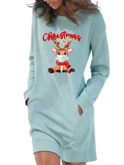Women's Christmas Hoodie Dress Winter Dress Light Blue Grey White Long Sleeve Letter Elk Pocket Print Winter Fall Crew Neck Stylish Casual Fall Dress Loose Fit 2022 S M L XL 2XL / Cotton -Tesla Style kwfmtq1666175697067