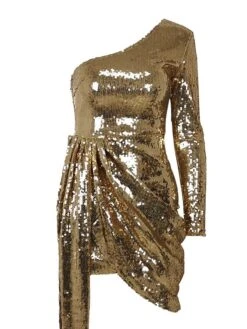 Women‘s Party Dress Homecoming Dress Sequin Dress Sheath Dress Mini Dress Gold Long Sleeve Pure Color Sequins Winter Fall Autumn One Shoulder Party Party Winter Dress Birthday 2023 S M L XL -Tesla Style kwigka1632909601614