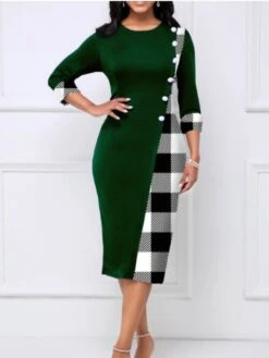 Women's Work Dress Sheath Dress Semi Formal Dress Fashion Winter Dress Office Daily Midi Dress Button Print Crew Neck Long Sleeve Plaid Regular Fit Green Fall Winter S M L XL XXL -Tesla Style kwqaxy1694594948437