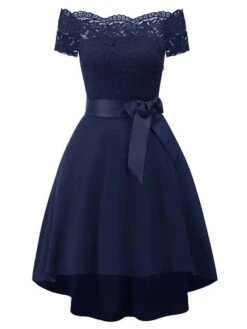 Women‘s Cocktail Party Dress Wedding Guest Dress Black Dress Knee Length Dress White Pink Wine Short Sleeve Pure Color Lace Fall Spring Off Shoulder 2023 S M L XL XXL -Tesla Style kwujcr1632378306959