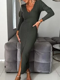 Women's Sweater Dress Jumper Dress Casual Dress Midi Dress Fashion Plain Outdoor Daily Vacation Going Out V Neck Long Sleeve 2023 Regular Fit Black Green Khaki S M L XL XXL -Tesla Style kwybjw1694427595584