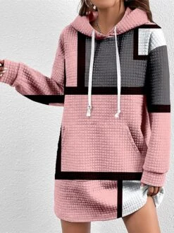 Women's Casual Dress Hoodie Dress Winter Dress Geometric Plaid Pocket Print Hooded Mini Dress Fashion Streetwear Outdoor Daily Long Sleeve Loose Fit Pink Blue Green Fall Winter S M L XL XXL