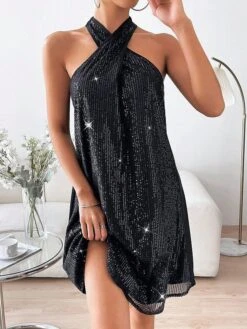 Women‘s Party Dress Sequin Dress Homecoming Dress Black Dress Mini Dress Fuchsia Sleeveless Pure Color Sequins Summer Spring Fall Halter Neck Fashion Wedding Guest Vacation Summer Dress 2023 -Tesla Style kxulpl1684737975365