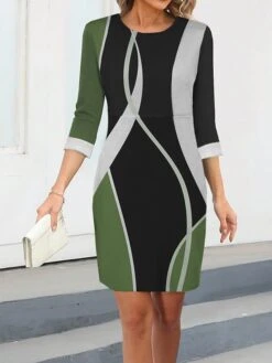 Women's Work Dress Casual Dress Sheath Dress Fashion Winter Dress Office Daily Midi Dress Print Crew Neck 3/4 Length Sleeve Geometric Color Block Regular Fit Red Blue Green Fall Winter S M L XL XXL -Tesla Style kybppp1695350902644