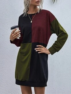 Women's Casual Dress Hoodie Dress Mini Dress Fashion Daily Outdoor Home Vacation Crew Neck Patchwork Print Loose Fit Blue Army Green Dark Gray S M L XL -Tesla Style kyfmir1693535794567