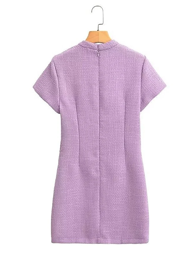 Women's Work Dress Casual Dress Sheath Dress Fashion Office Daily Mini Dress Patchwork Button Stand Collar Short Sleeve Plain Regular Fit Purple Fall Winter S M L 5 Women's Work Dress Casual Dress Sheath Dress Fashion Office Daily Mini Dress Patchwork Button Stand Collar Short Sleeve Plain Regular Fit Purple Fall Winter S M L - Image 3