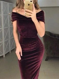 Women's Party Dress Velvet Dress Wedding Guest Dress Knee Length Dress Wine Navy Blue Royal Blue Short Sleeve Pure Color Patchwork Summer Spring Fall Off Shoulder Hot Party Evening Party -Tesla Style kyrxgo1631954297624