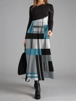 Women's Work Dress Casual Dress Swing Dress Fashion Winter Dress Daily Long Dress Maxi Dress Button Print V Neck Long Sleeve Geometric Plaid Regular Fit Royal Blue Blue Brown Fall Winter S M L XL XXL -Tesla Style kytcfx1697424455417