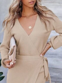 Women's Sweater Dress Jumper Dress Casual Dress Midi Dress Warm Pure Color Outdoor Casual Daily Going Out V Neck Long Sleeve Lace Up 2023 Slim Black White Green S M L XL XXL 3XL -Tesla Style kzevgk1695030477938