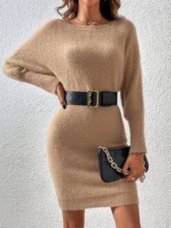 Women's Sweater Dress Winter Dress Jumper Dress Midi Dress Patchwork Street Daily Date Fashion Streetwear Crew Neck Long Sleeve 2023 Slim Black White Khaki Color S M L XL Size -Tesla Style kzlbfb1692095364972