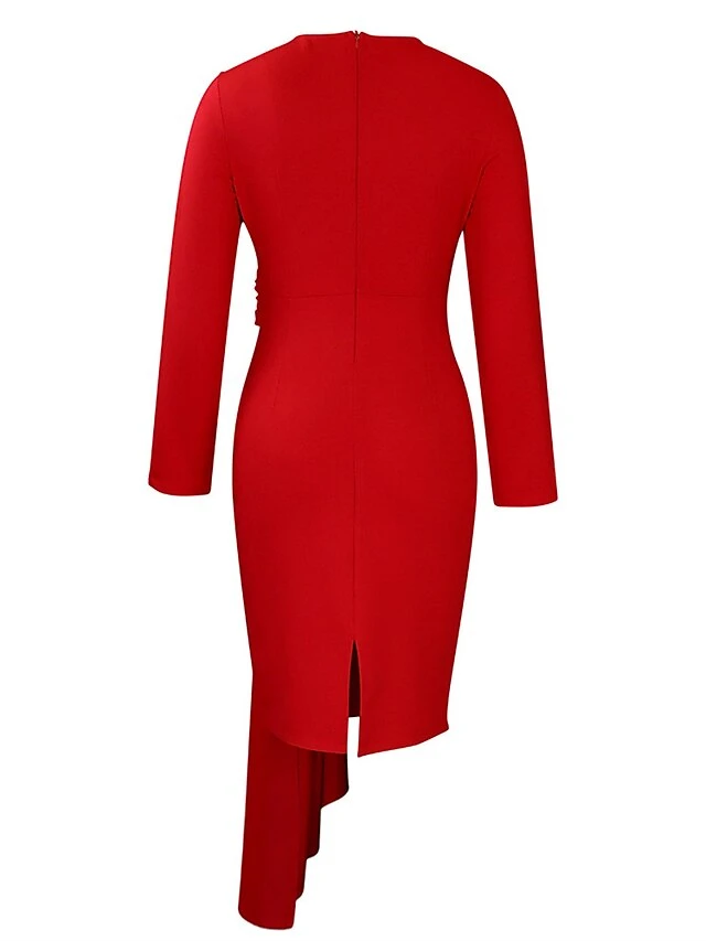 Women's Party Dress Cocktail Dress Wedding Guest Dress Midi Dress White Yellow Red Long Sleeve Pure Color Ruched Spring Fall Winter Crew Neck Fashion Winter Dress Wedding Guest Vacation 2023 S M L XL 14 Women's Party Dress Cocktail Dress Wedding Guest Dress Midi Dress White Yellow Red Long Sleeve Pure Color Ruched Spring Fall Winter Crew Neck Fashion Winter Dress Wedding Guest Vacation 2023 S M L XL - Image 12