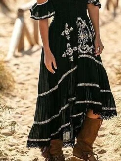 Women's Prom Dress Party Dress Lace Dress Long Dress Maxi Dress Black Short Sleeve Flower Lace Summer Spring Off Shoulder Fashion Evening Party Wedding Guest Vacation Loose Fit 2023 S M L XL XXL 3XL -Tesla Style kzropj1689736602800