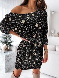 Women‘s Christmas Work Dress Casual Dress Black Dress Fashion Daily Mini Dress Lace Up Print One Shoulder Long Sleeve Star Print Regular Fit Black Wine Royal Blue Spring Fall S M L XL XXL