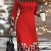 Women's Christmas Work Dress Casual Dress Semi Formal Dress Fashion Winter Dress Daily Midi Dress Print Crew Neck Long Sleeve Plaid Snowflake Slim Wine Brown Green Fall Winter S M L XL XXL -Tesla Style kzukfw1695363293998