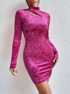 Women's Party Dress Velvet Dress Homecoming Dress Mini Dress Rose Long Sleeve Pure Color Cut Out Spring Fall Winter High Neck Fashion Winter Dress Wedding Guest Vacation 2023 S M L XL