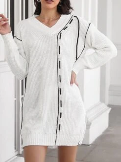 Women's Sweater Dress Jumper Dress Casual Dress Mini Dress Active Pure Color Outdoor Casual Holiday Vacation V Neck Long Sleeve 2023 Regular Fit Green Beige S M L -Tesla Style lalugw1692948085440