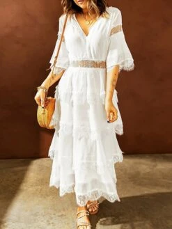 Women's Party Dress Lace Dress White Dress Midi Dress Black Pink White Half Sleeve Pure Color Lace Spring Summer V Neck S M L XL XXL -Tesla Style latryy1675761805931