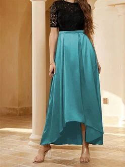 Women's Prom Dress Party Dress Lace Dress Long Dress Maxi Dress Blue Short Sleeve Pure Color Lace Summer Spring Fall Crew Neck Fashion Evening Party Wedding Guest Vacation 2023 S M L XL -Tesla Style lawqqa1690523501627