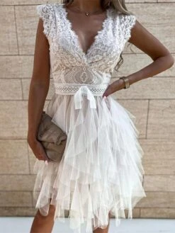 Women's Party Dress Lace Dress Sheath Dress Midi Dress Black White Pink Sleeveless Pure Color Lace Summer Spring V Neck Fashion Vacation Spring Dress 2022 S M L XL -Tesla Style lbcudm1658904283490