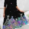 Women‘s Christmas Work Dress Casual Dress Swing Dress Fashion Winter Dress Daily Midi Dress Print V Neck Long Sleeve Tree Ombre Regular Fit Silver Blue Fall Winter S M L XL XXL