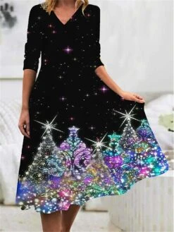 Women‘s Christmas Work Dress Casual Dress Swing Dress Fashion Winter Dress Daily Midi Dress Print V Neck Long Sleeve Tree Ombre Regular Fit Silver Blue Fall Winter S M L XL XXL
