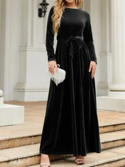 Women's Party Dress Velvet Dress Emerald Green Dress Long Dress Maxi Dress Black Wine Green Long Sleeve Pure Color Lace Up Spring Fall Winter Round Neck Fashion Winter Dress Fall Dress Spring Dress -Tesla Style lbxrwe1664430787961