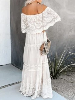 Women's Long Dress Maxi Dress Party Dress Lace Dress Swing Dress Floral Fashion Elegant Dress Daily Vacation Going Out Lace Mesh Half Sleeve Off Shoulder Dress Slim White Summer Spring S M L XL -Tesla Style lbylbq1672990407269