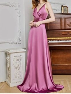 Women's Prom Dress Party Dress Satin Dress Long Dress Maxi Dress Champagne Pink Red Sleeveless Pure Color Backless Spring Fall Winter Spaghetti Strap Fashion Winter Dress Evening Party Wedding Guest -Tesla Style lbzays1692079369943