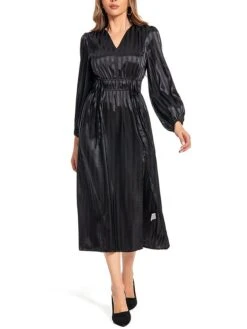 Women's Work Dress Satin Dress Black Dress Fashion Midi Dress Split V Neck Long Sleeve Plain Loose Fit Black Fall Winter S M L XL XXL -Tesla Style lcbjku1693464440411