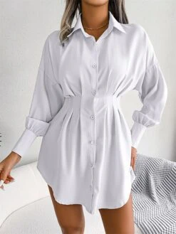 Women's Work Dress White Dress Semi Formal Dress Fashion Office Daily Workfashion Mini Dress Ruched Button Shirt Collar Long Sleeve Plain Loose Fit White Blue Army Green Fall Winter S M L XL -Tesla Style lclvvv1695026953084
