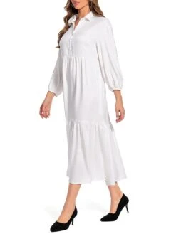 Women's Work Dress Satin Dress Swing Dress Fashion Midi Dress Ruffle Button Shirt Collar Long Sleeve Plain Loose Fit White Fall Winter S M L XL XXL -Tesla Style lcorfh1693466155433