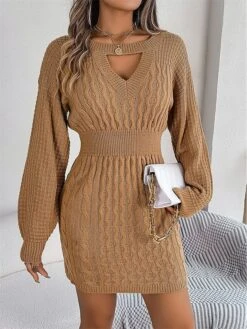 Women's Sweater Dress Winter Dress Jumper Dress Mini Dress Active Pure Color Outdoor Casual Holiday Vacation Crew Neck Long Sleeve Cut Out 2023 Loose Fit Wine Khaki Gray S M L -Tesla Style ldmish1697526801620