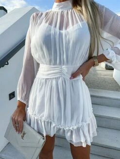 Women's Work Dress Sheath Dress Chiffon Dress Fashion Winter Dress Office Daily Mini Dress Ruched Crew Neck Long Sleeve Stripe Plain Regular Fit Black White Purple Fall Winter S M L XL -Tesla Style ldoxui1695096226059