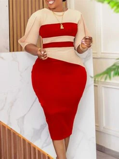 Women's Work Dress Sheath Dress Semi Formal Dress Fashion Midi Dress Patchwork Crew Neck Half Sleeve Color Block Regular Fit Black White Red Fall Winter S M L XL XXL -Tesla Style ldypxj1692948229885