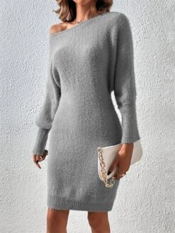 Women's Sweater Dress Winter Dress Jumper Dress Midi Dress Patchwork Street Daily Date Fashion Streetwear Crew Neck Long Sleeve 2023 Slim Black White Khaki Color S M L XL Size -Tesla Style leicqh1692095367700