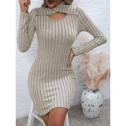 Women's Sweater Dress Winter Dress Jumper Dress Mini Dress Cut Out Outdoor Street Daily Fashion Sexy Turtleneck Long Sleeve 2023 Slim Khaki Color S M L XL XXL Size -Tesla Style leisyw1692353003117