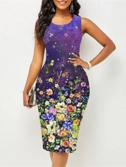 Women's Work Dress Sheath Dress Semi Formal Dress Fashion Midi Dress Print Crew Neck Sleeveless Floral Slim Pink Red Blue Summer Spring S M L XL XXL -Tesla Style lfhrdd1677122662510