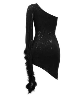 Women's Party Dress Sequin Dress Feather Dress Mini Dress Black Green Long Sleeve Pure Color Sequins Fall Winter Autumn One Shoulder Fashion 2023 S M L XL XXL -Tesla Style lfqgkd1697451969114