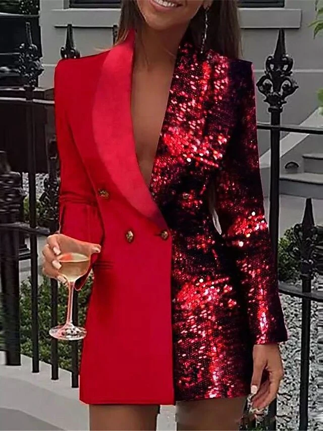 Women's Party Dress Sequin Dress Work Dress Blazer Dress And Jacket Set Mini Dress Champagne Pink Red Long Sleeve Pure Color Sequins Spring 5 Women's Party Dress Sequin Dress Work Dress Blazer Dress And Jacket Set Mini Dress Champagne Pink Red Long Sleeve Pure Color Sequins Spring - Image 3
