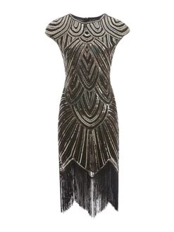 Women‘s Halloween Dress Party Dress Fringe Dress Sequin Dress Midi Dress Silver Black White Sleeveless Floral Sequins Summer Spring Fall Crew Neck Party Party Summer Dress 2023 XS S M L XL XXL -Tesla Style lguale1639031523724