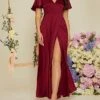 Women's Party Dress Satin Dress Wedding Guest Dress Long Dress Maxi Dress Red Short Sleeve Pure Color Ruched Summer Spring V Neck Party Evening Party Wedding Guest Vacation 2023 S M L XL 2XL -Tesla Style lgxbnu1678086461327