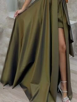 Women's Prom Dress Party Dress Satin Dress Long Dress Maxi Dress Army Green Sleeveless Pure Color Ruffle Spring Fall Winter One Shoulder Fashion Winter Dress Evening Party Wedding Guest 2023 S M L XL -Tesla Style lhkxqx1693823001173