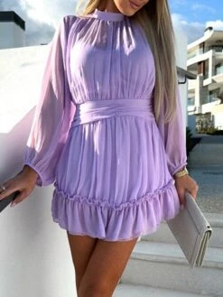 Women's Work Dress Sheath Dress Chiffon Dress Fashion Winter Dress Office Daily Mini Dress Ruched Crew Neck Long Sleeve Stripe Plain Regular Fit Black White Purple Fall Winter S M L XL -Tesla Style lhrtgz1695096218589